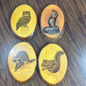 Vintage animal prints on wood slabs